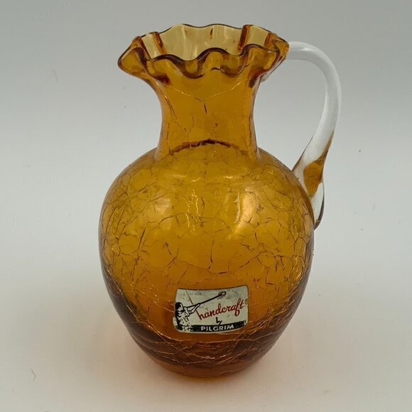 Vintage PILGRIM GLASS Ruffle Top AMBER Crackle 4.5” PITCHER Clear Handle - Picture 1 of 7